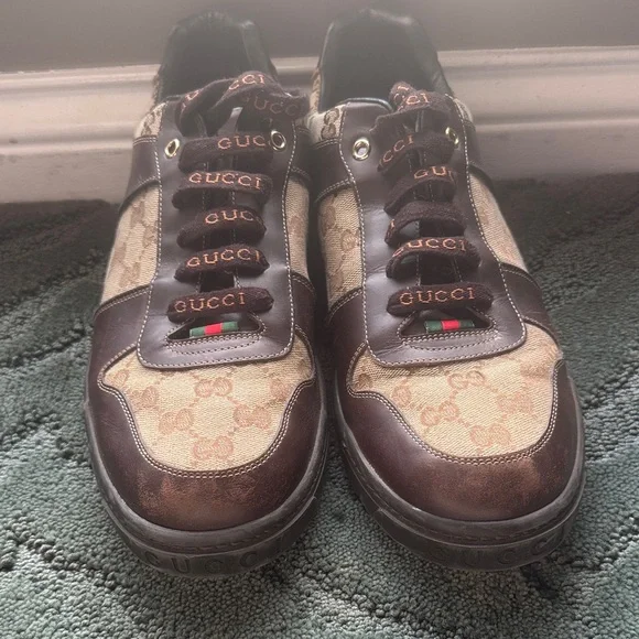 Gucci Brown/Beige GG Canvas and Leather Low Top Sneakers - Picture 2 of 4